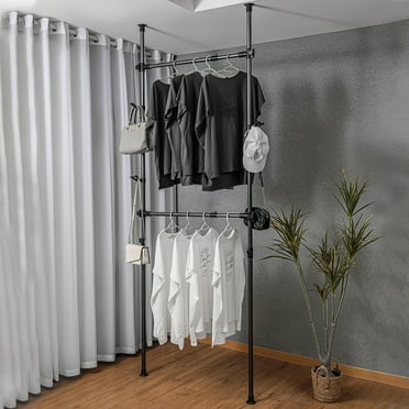 Tier Floor to Ceiling Clothes Racks, Adjustable Clothing Rack with Tension Rod, Trouser Rack and Bag Hooks, Garment Rack for Saving Space, Metal Black