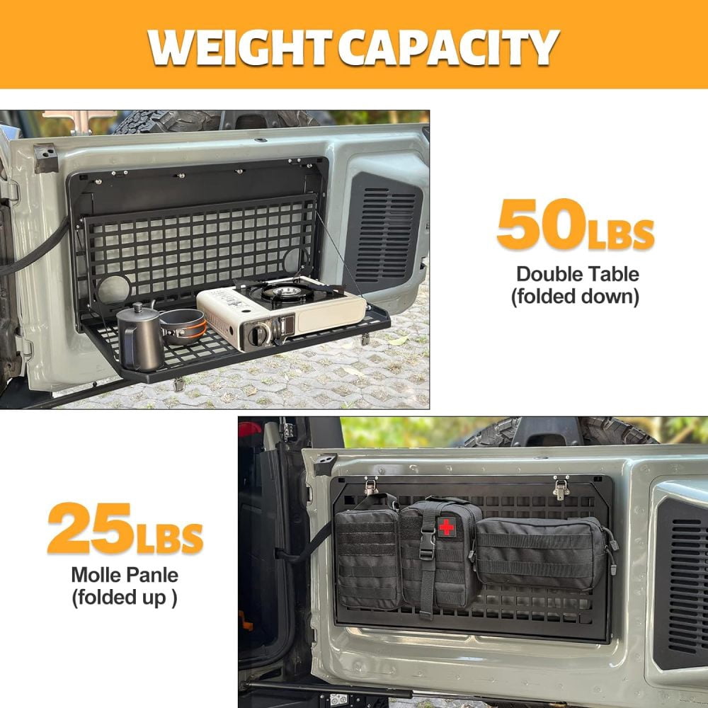 Tailgate Table Rear Foldable Cargo Shelf Aluminum Alloy Storage Shelf Molle Panel Compatible for Ford Bronco 2021-2024