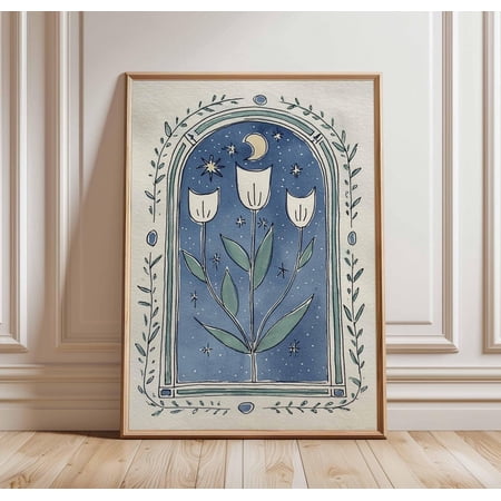 Enchanted Tulip Wall Art Print With Celestial Moon Stars Boho Decor