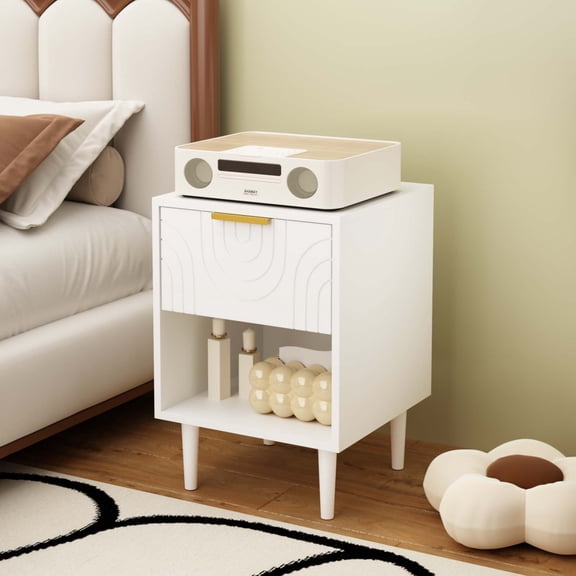 White Bedside Table for Kids with Gold Handle Drawer, Solid Wood Leg Nightstand, Space-Saving End Table for Boys Girls Small Bedroom Spaces