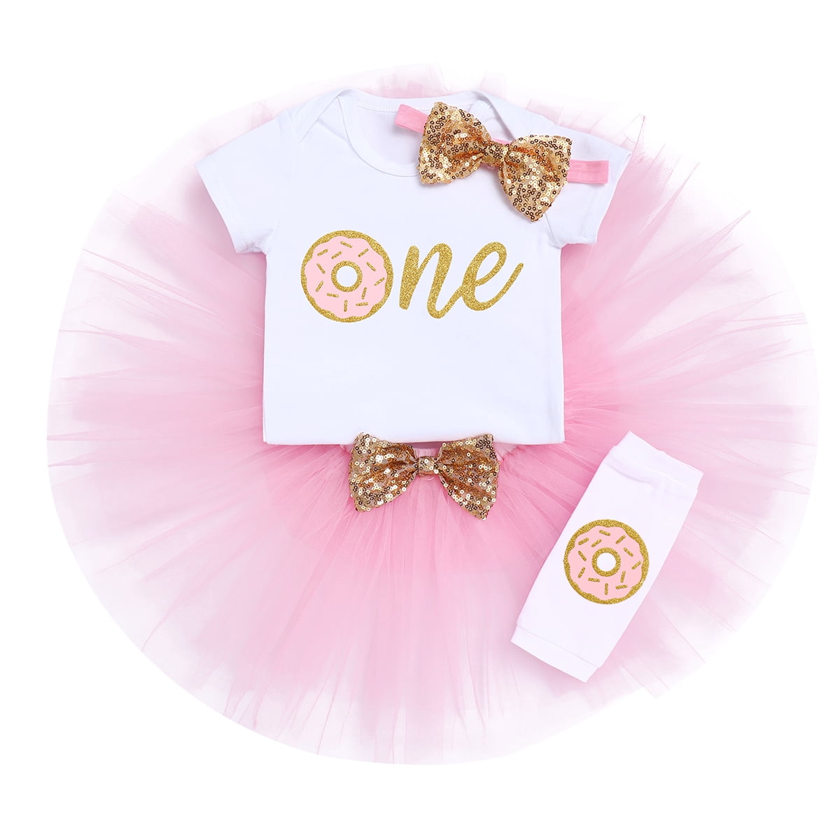 IBTOM CASTLE Baby Girls Donut One Half 1st/2nd Birthday Outfit Sweet Romper Tutu Dress Leggings Princess Skirt Clothes Set 1 Year Donut Gold-one