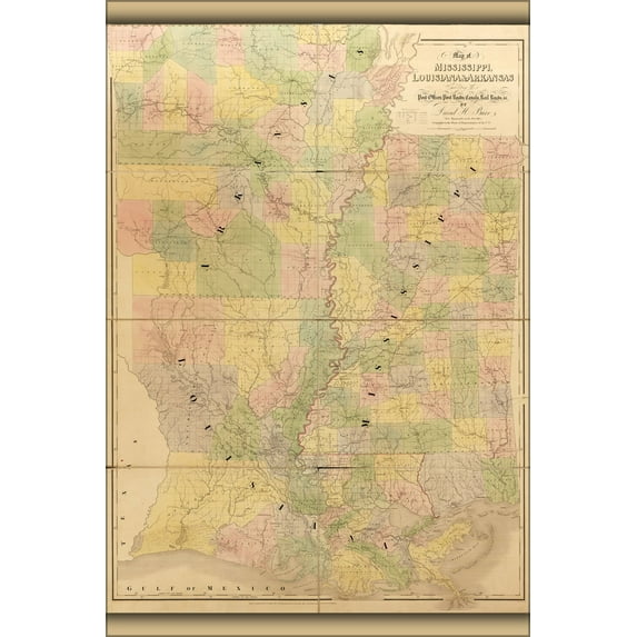 24"x36" Gallery Poster, map of Mississippi, Louisiana, Arkansas 1839