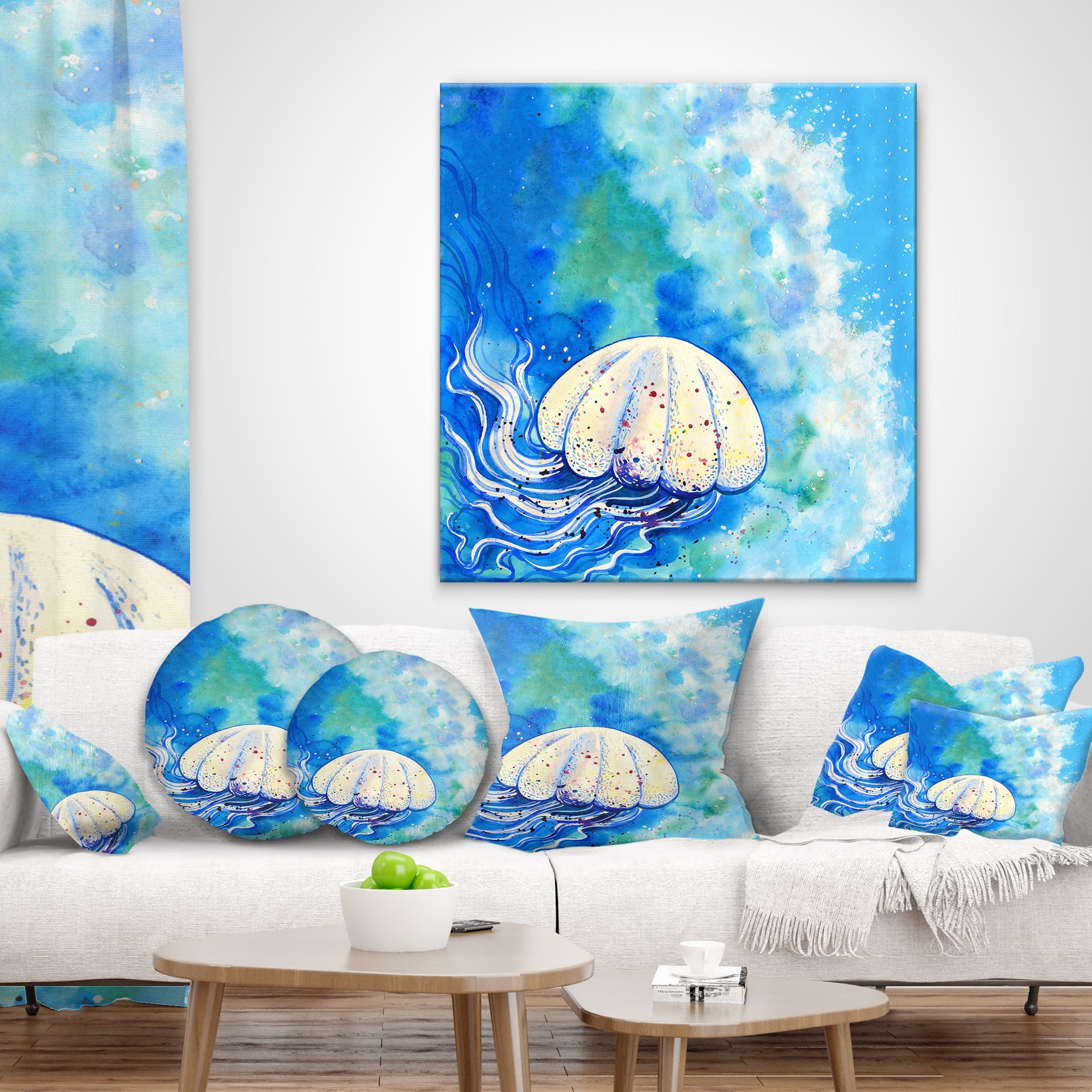 Designart Large Jellyfish Watercolor - Abstract Throw Pillow - 16x16