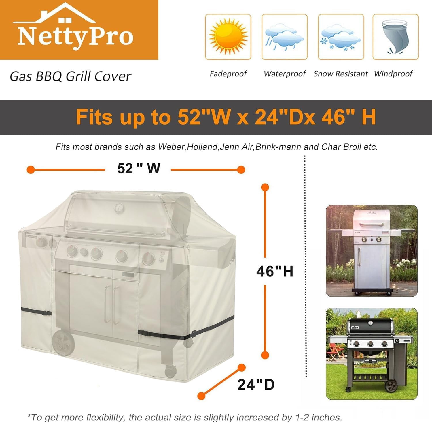 Gas BBQ Grill Cover 52 Inch Waterproof 600D Heavy Duty Outdoor Barbecue Cover for Weber, Char-Broil, Brinkmann, Nexgrill Grills and More, Light Tan