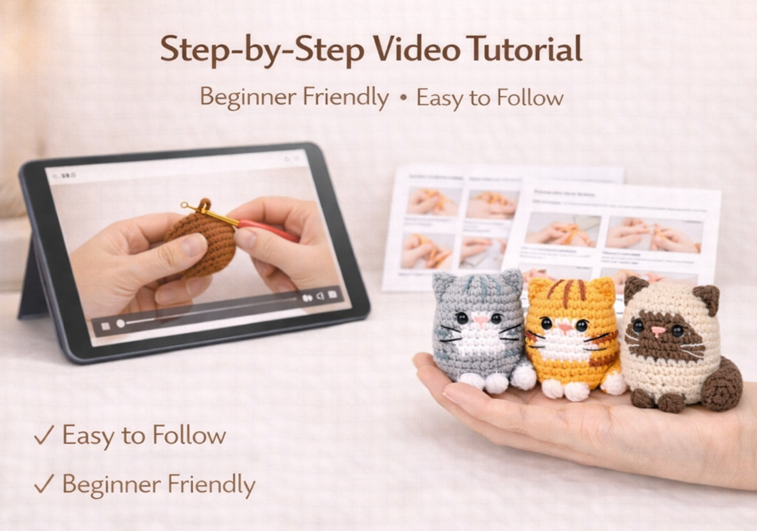 4 Pack Cat Crochet Kit for Beginners, Cat Amigurumi Starter Set with Step by Step Video Tutorials, TIKA