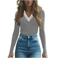thumbnail image 2 of Dasayo Womens Tops Trendy Long Sleeve Gray V-Neck Cheeky Patchwork Fitted Shirts Womens T Shirts S, 2 of 6