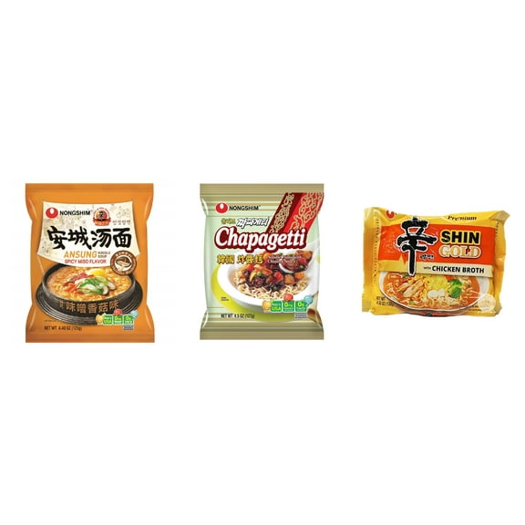 3 Pack Korean NongShim Gourmet Spicy Shin Instant Ramen Noodle, 3 Flavors(Ansung,chapagetti,shin gold) Plus NineChef Brand Long Handle Coffee Spoon