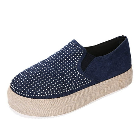 

Bnwani Shoes for Women 2022 Autumn New Style Large Size Hemp Rope Round Head Low Cut Female Solid Rhinestone Foreign Trade Casual Shoes Navy 7