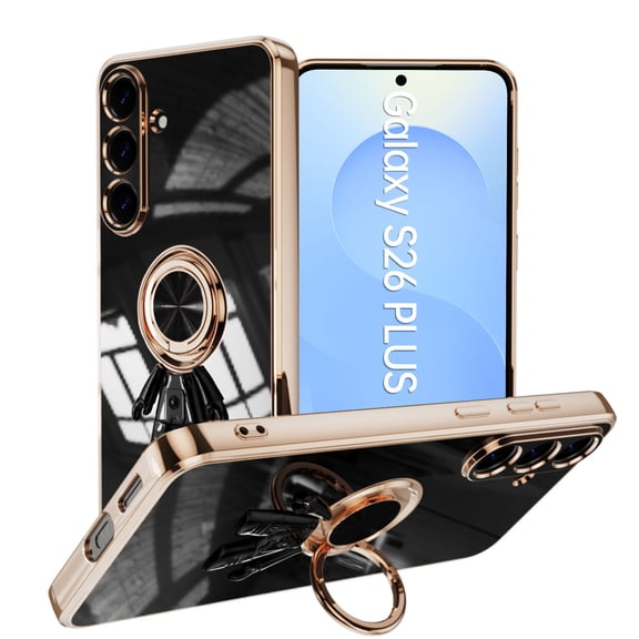 Compatible WIth Samsung Galaxy S26 Phone Case,6D Astronaut Ring Hoder Kickstand,Support Car Magnetic Bracket,Ultra Slim Shockproof Luxury Electroplated Rugged Phone Case Cover,Black