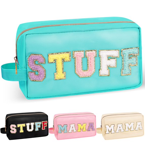 Izuzta Chenille Letter Makeup Bag,Nylon Preppy Patch Zipper Pouch Purse with Handle,Waterproof Portable Glitter Travel Toiletry Bag for Women Girls