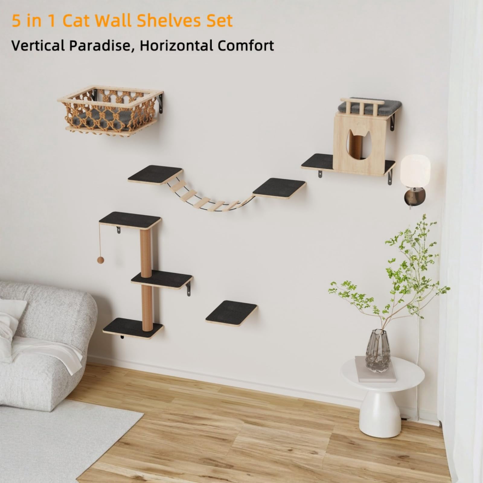 5-in-1 Cat Wall Shelves Set With Hammock  Wall-mounted Furniture Includes Condo Bridge Ladder & Steps For Indoor Cats Safe Stable (gray)