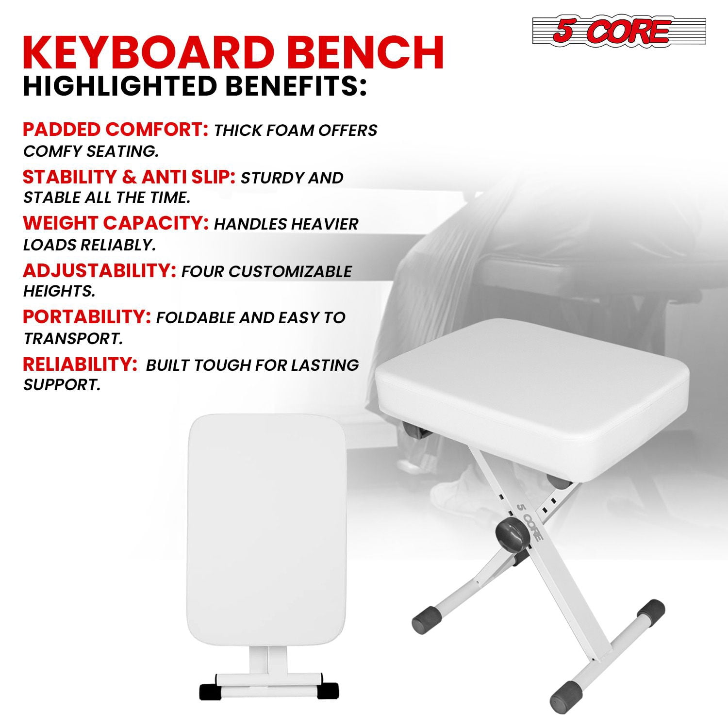 Keyboard Bench 3 Inch Padded Cushioned Piano Stool Height Adjustable Guitar Seat Heavy Duty Folding Portable Musician Chair W Nonslip Rubber Feet White - KBB WH HD
