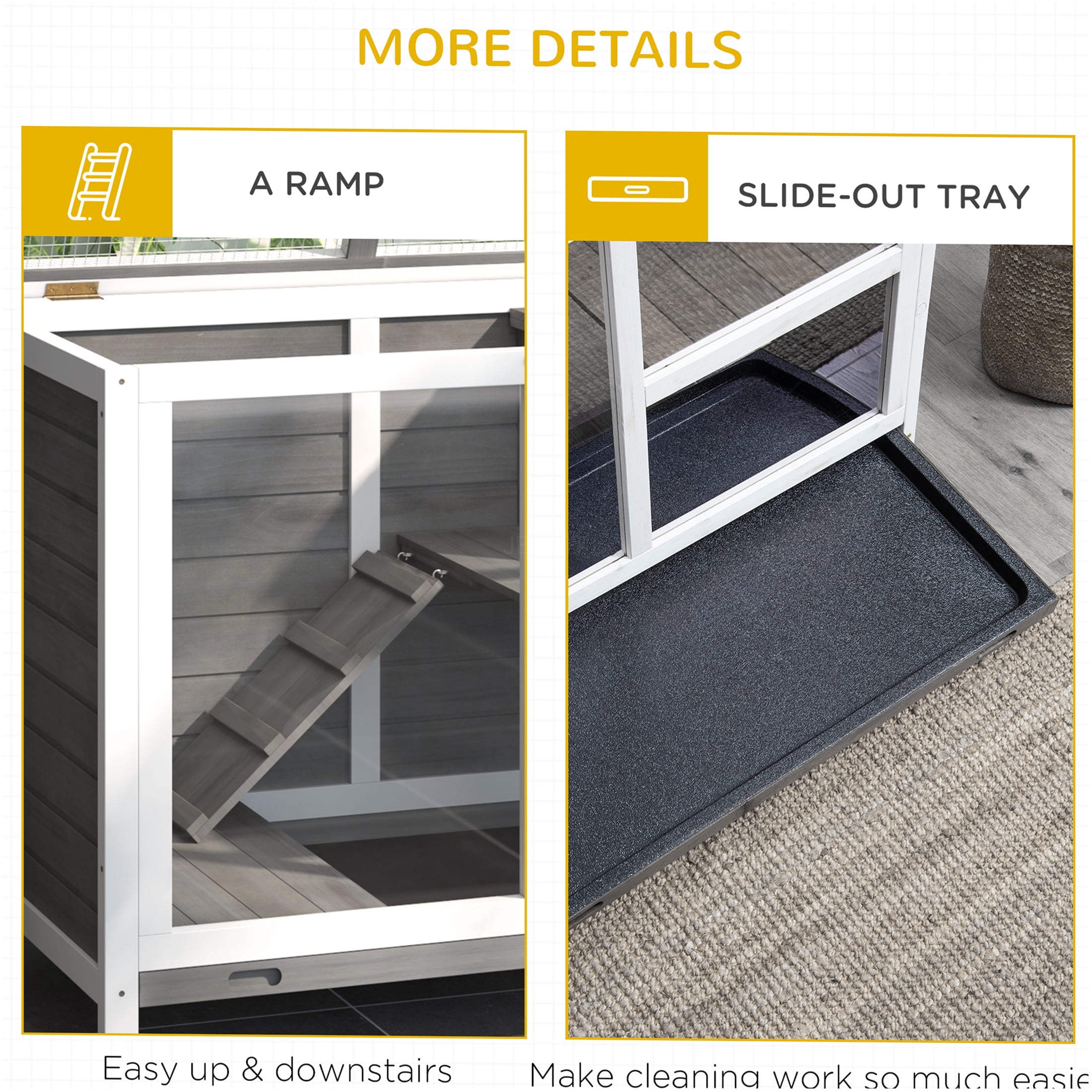 JERFIT 36" Rolling Rabbit Hutch with Wheels, Waterproof Wooden Bunny Cage Indoor, Portable Small Animal Home with Lockable Door & Leak-Proof Tray, Desk Side Table Size, Gray