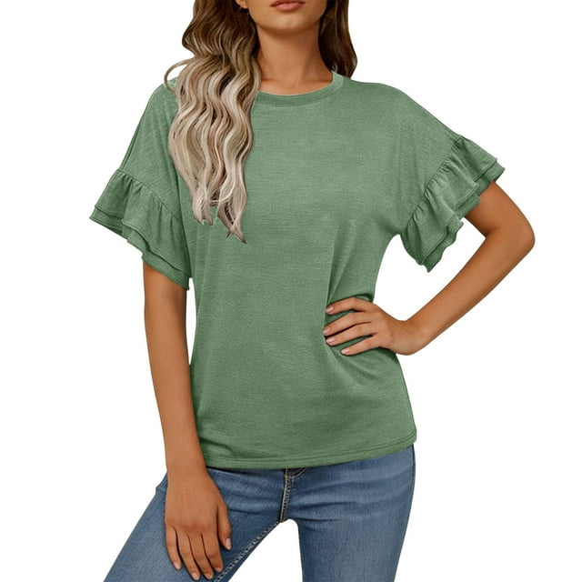 HongQid Womens Summer T-Shirts Short Sleeve Crew Neck Ruffle Tops Loose Fit Shirts Spring Fashion