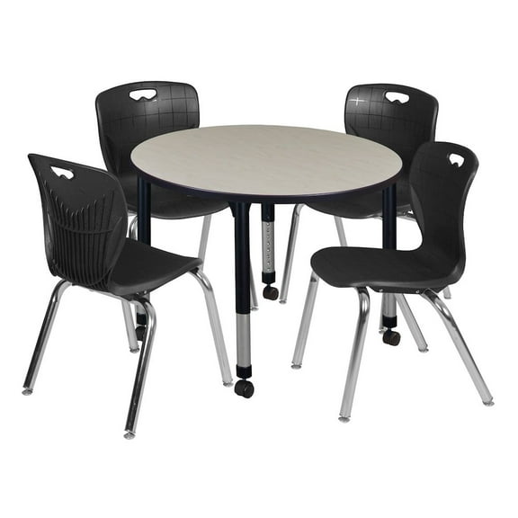 Regency 42 Round Adjustable Classroom Table- Maple & 4 Andy 18 Stack Chairs- Black