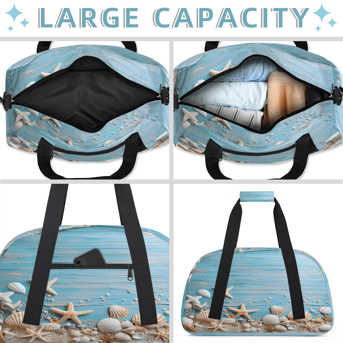 Herdesigns Starfish and Seashells Blue Sports Duffle Bag for Women & Men, Beach Coastal Nautical Gym Bag Dance Bag Overnight Bag Carry On Weekender Travel Bag