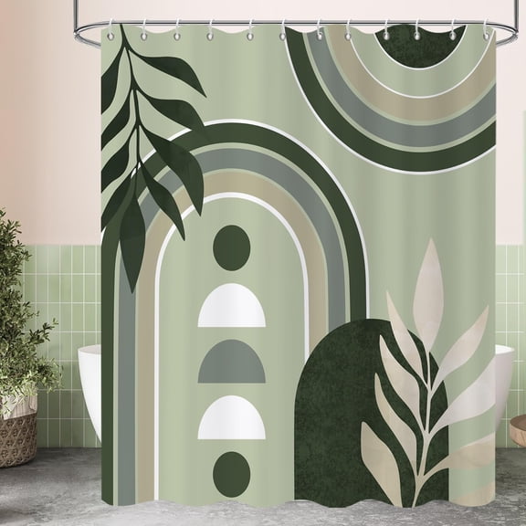 Mid Century Boho Shower Curtain, Sage Green Modern Sun Minimalist Aesthetic Arch Curve Leaves Geometric Bathroom Curtain Waterproof Fabric Machine Washable with Hooks, 36" Wx72 L