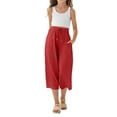 thumbnail image 4 of Girls' Solid Color Cotton Linen Casual Pants,Elastic Drawstring Waist 3/4 Length Capri with Pockets,Loose Fit for Daily Wear, School, Summer Activities,Breathable and Comfortable - Watermelon Red, 4 of 9