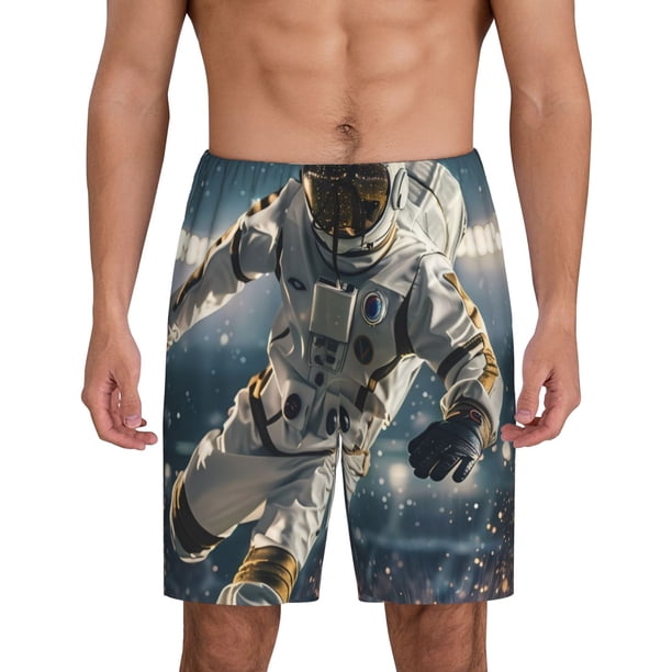 Balery Astronaut Soccer Field Pantalones cortos de pijama de punto de algodón para hombre con cinturilla y bolsillos-4X-Large