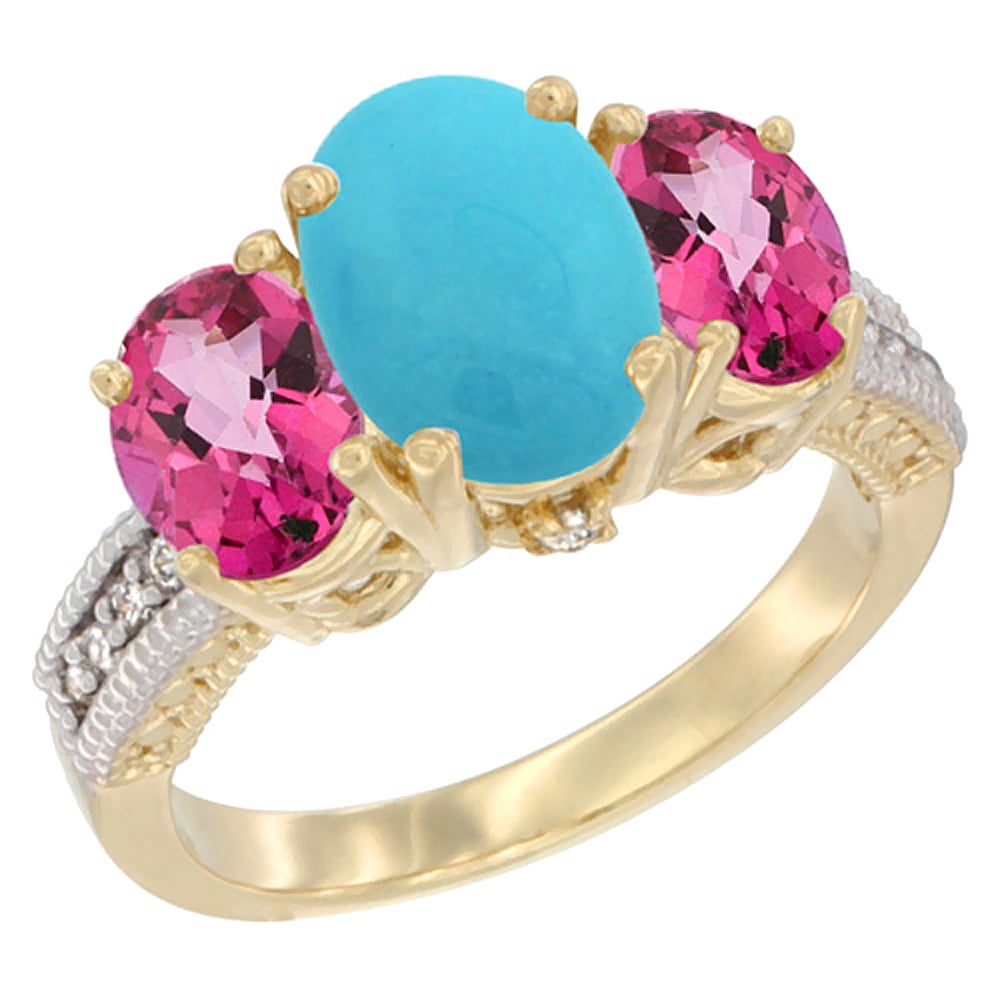 14K Yellow Gold Diamond Natural Turquoise Ring 3-Stone Oval 8x6mm with Pink Topaz, sizes5-10 by WorldJewels