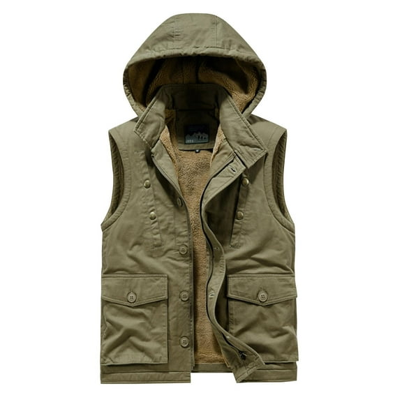 APEXFWDT Men's Big & Tall Fleece-Lined Cargo Vest Zip-Up Hooded Sleeveless Jacket for Outdoor Warm Outerwear,XXL,Army Green