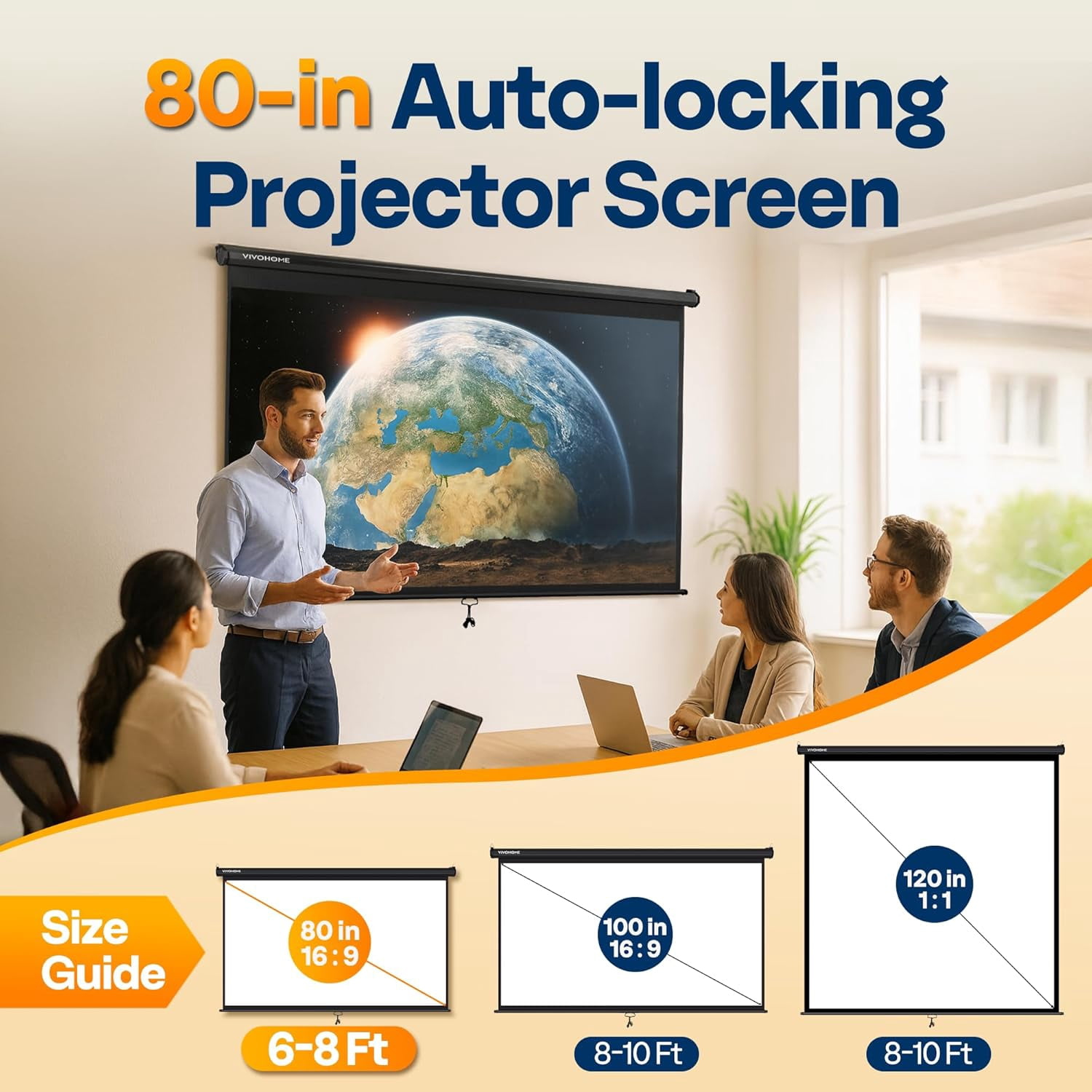 SPECSTAR 80 inch Manual Pull Down Projector Screen, 16:9 HD Retractable Projector Screens with Auto Locking for Movie Home Theater Cinema Office Video Game, Black(70Wx40H Inch Display Area)
