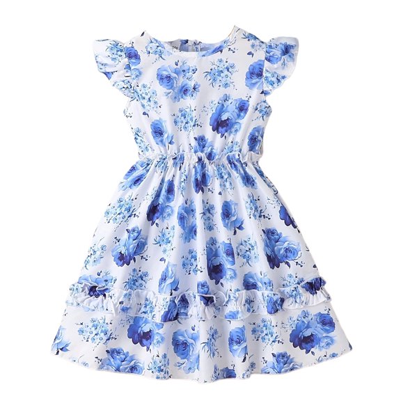 Gaexia Dresses for Girls ,Girls' Summer Round Neck Flower Printed Waist Lace Western Style Flying Sleeve Dress (Sky Blue,11-12 Years)