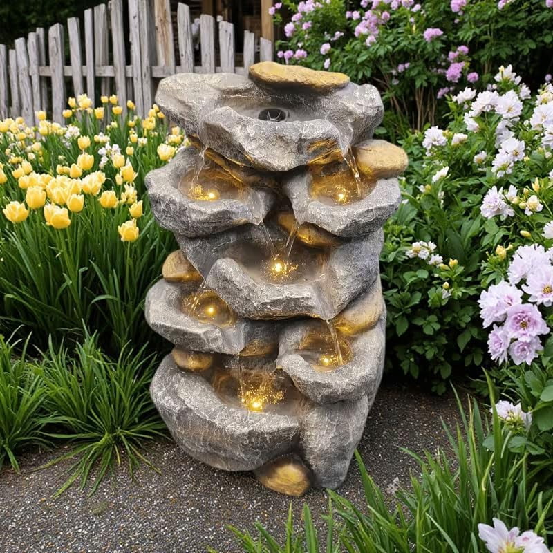 Premium Resin Rock Mountain Waterfall Fountain, Relaxing Water Feature Ornament, Multiscene Decor for Desktop Home Office Indoor Outdoor Garden