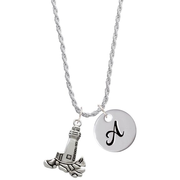 Delight Jewelry Silvertone Antiqued Lighthouse Silvertone Script Initial Disc - A - Charm Necklace, 20" 3"