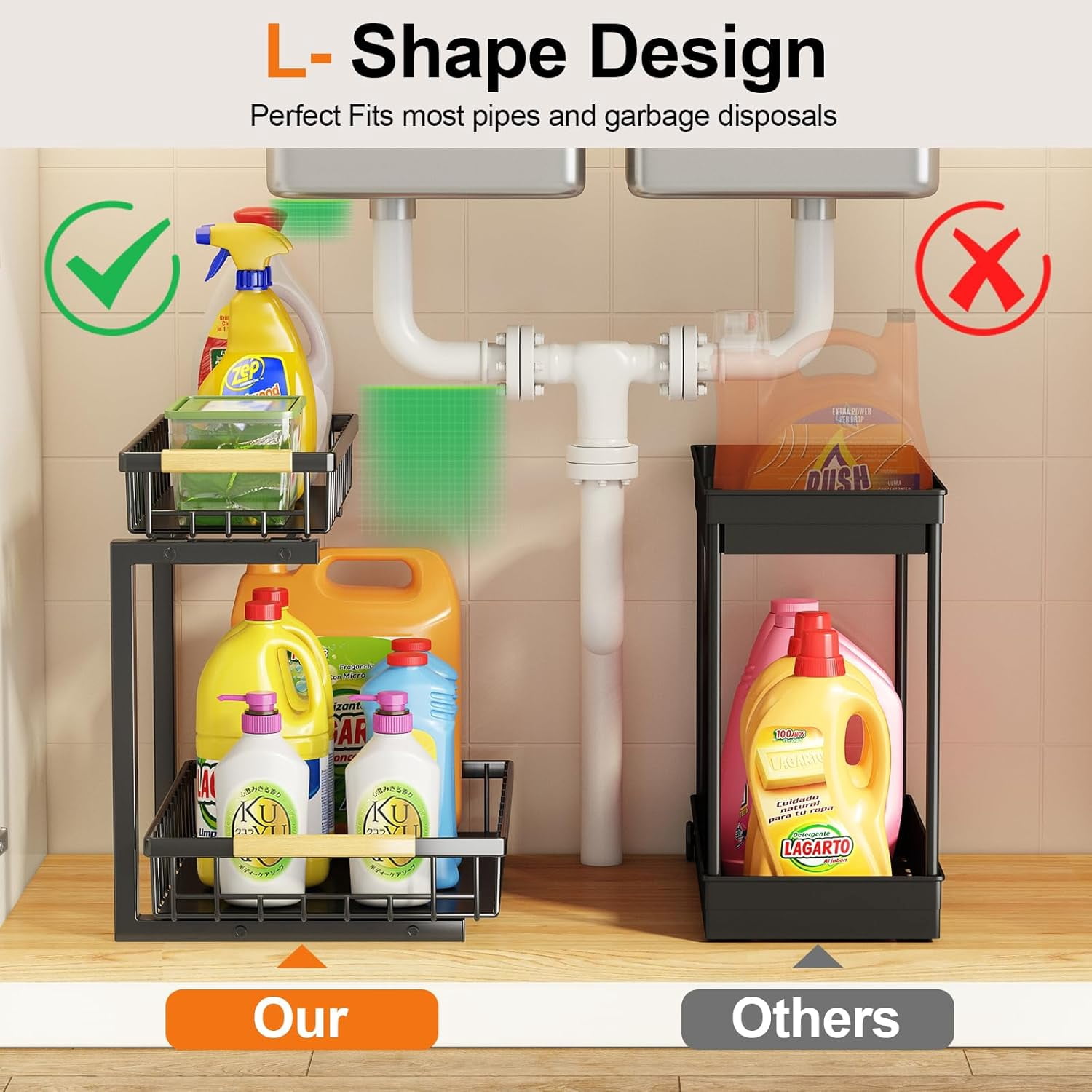 Under Sink Organizer and Storage, 2-Tier Pull Out Cabinet Organizers Shelf, Metal Sliding Drawers Shelves for Kitchen Bathroom Closet Organization, 2 Pack