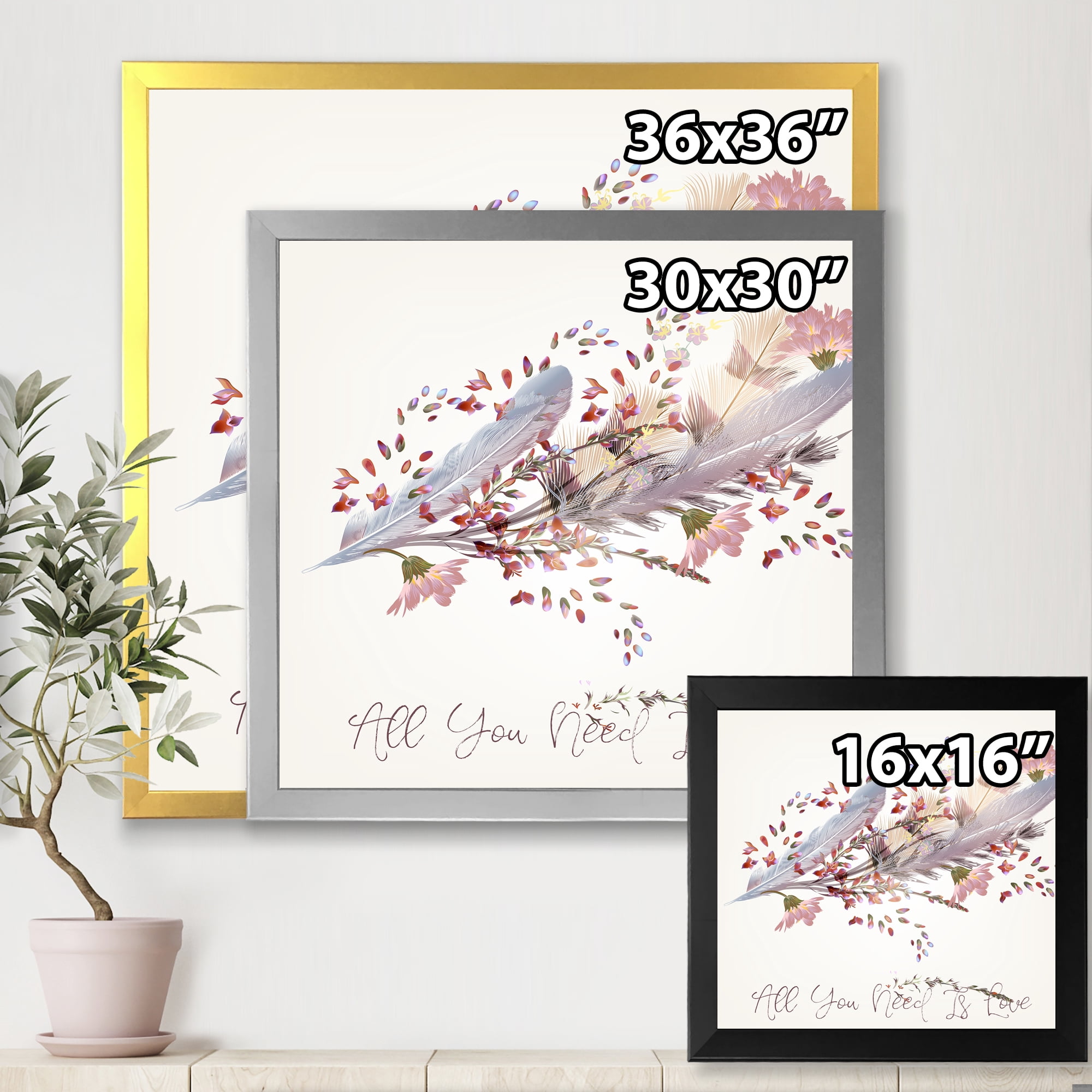 Designart 'Pink Feathers and Flowers All You Need Is Love' Bohemian & Eclectic Framed Art Print