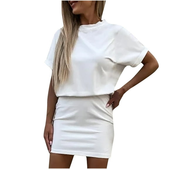 Womens Summer Dress Solid Crewneck Short Sleeve Comfy Sports Dress Elastic Waist Loose Mini Short Dress for Casual Work