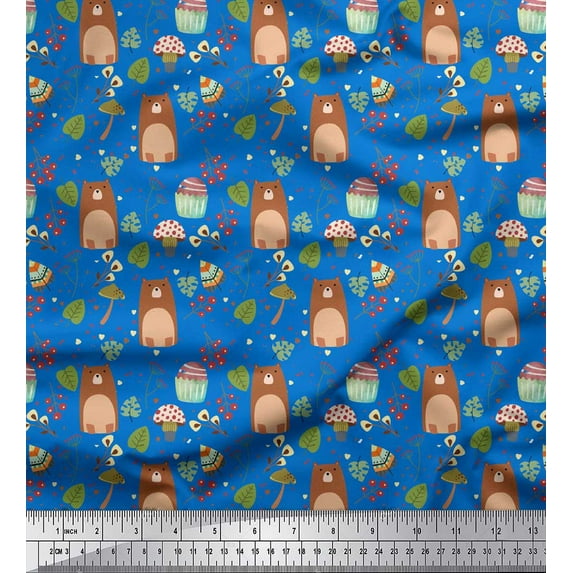 Soimoi Blue Rayon Fabric Teddy Bear & Leaves Kids Printed Fabric 1 Yard 56 Inch Wide