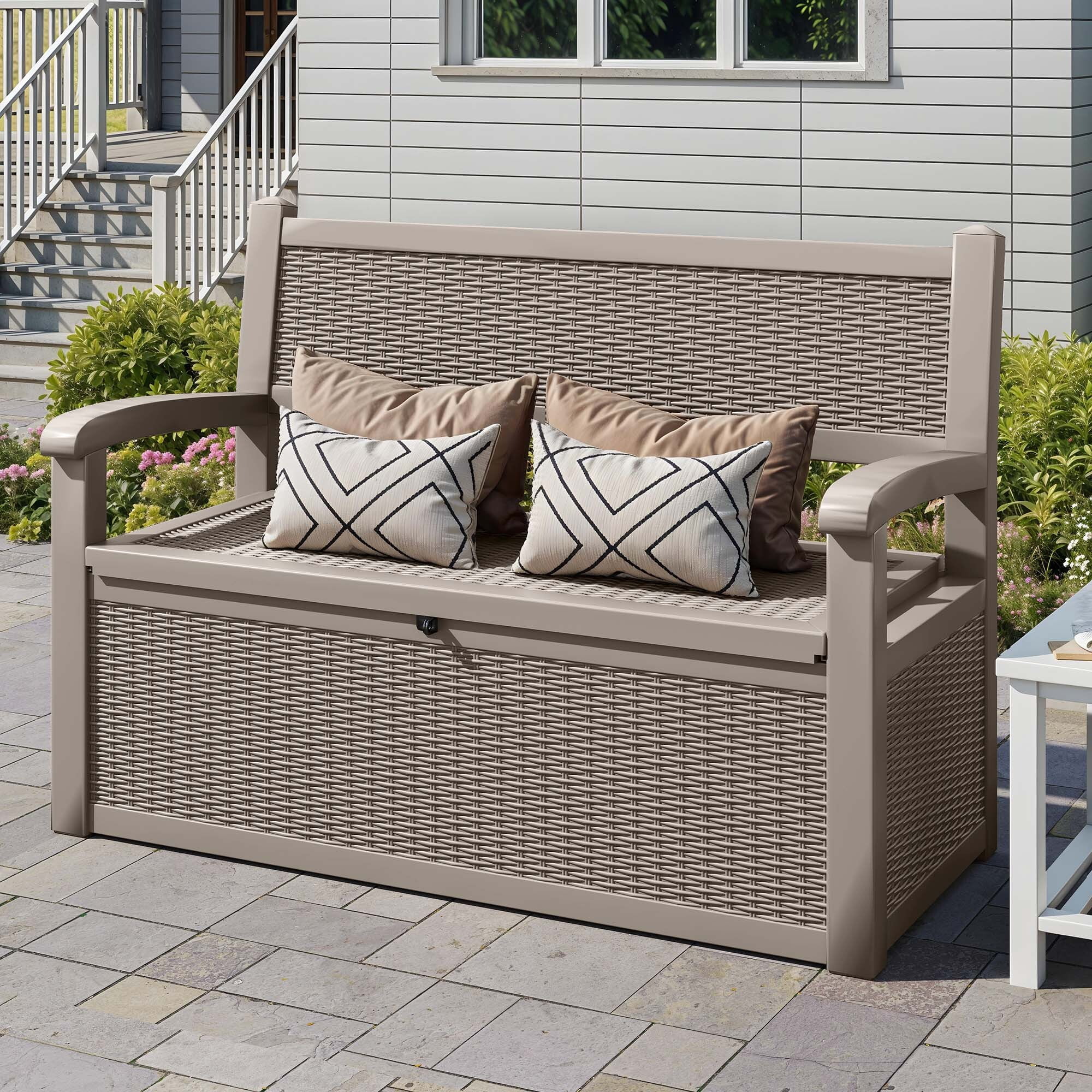Uforic 70 Gallon Outdoor Storage Deck Bench with Armrests, Waterproof Lockable Storage Box for Patio, Garden, Pool & Porch, Light Brown