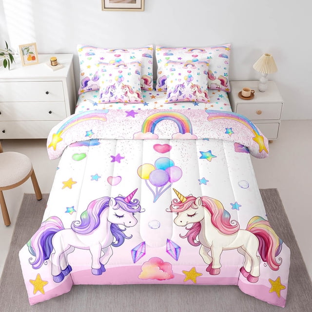 YST 7 Piece Bed in a Bag King Size Comforter Set Kids Unicorn Bedding Set,Girls Rainbow Unicorn Reversible Design Bed Set,Cartoon Unicorn Comforter with Sheet Set,All Season
