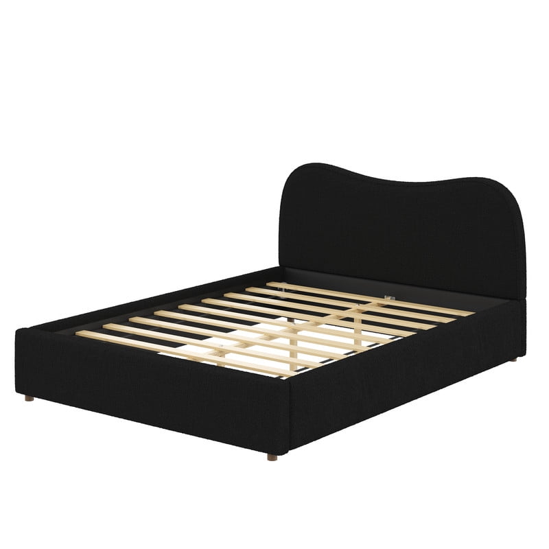 Queen Size Boucle Upholstered Platform Bed with Wooden Slats, Short Legs Low-Profile Bed Frame with Curved Headboard