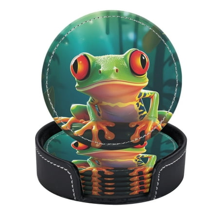 

PU Leather Coasters for Drinks Bar Beer Set of 6 with Holder Round Housewarming Gift Cartoon Red-Eyed Tree Frog In The Jungle