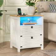 Farmhouse Nightstand with Charging Station and LED Lights, Night Stand/Bedside Table with 2 Drawers for bedroom, Vintage End Side Table for Living Room, White