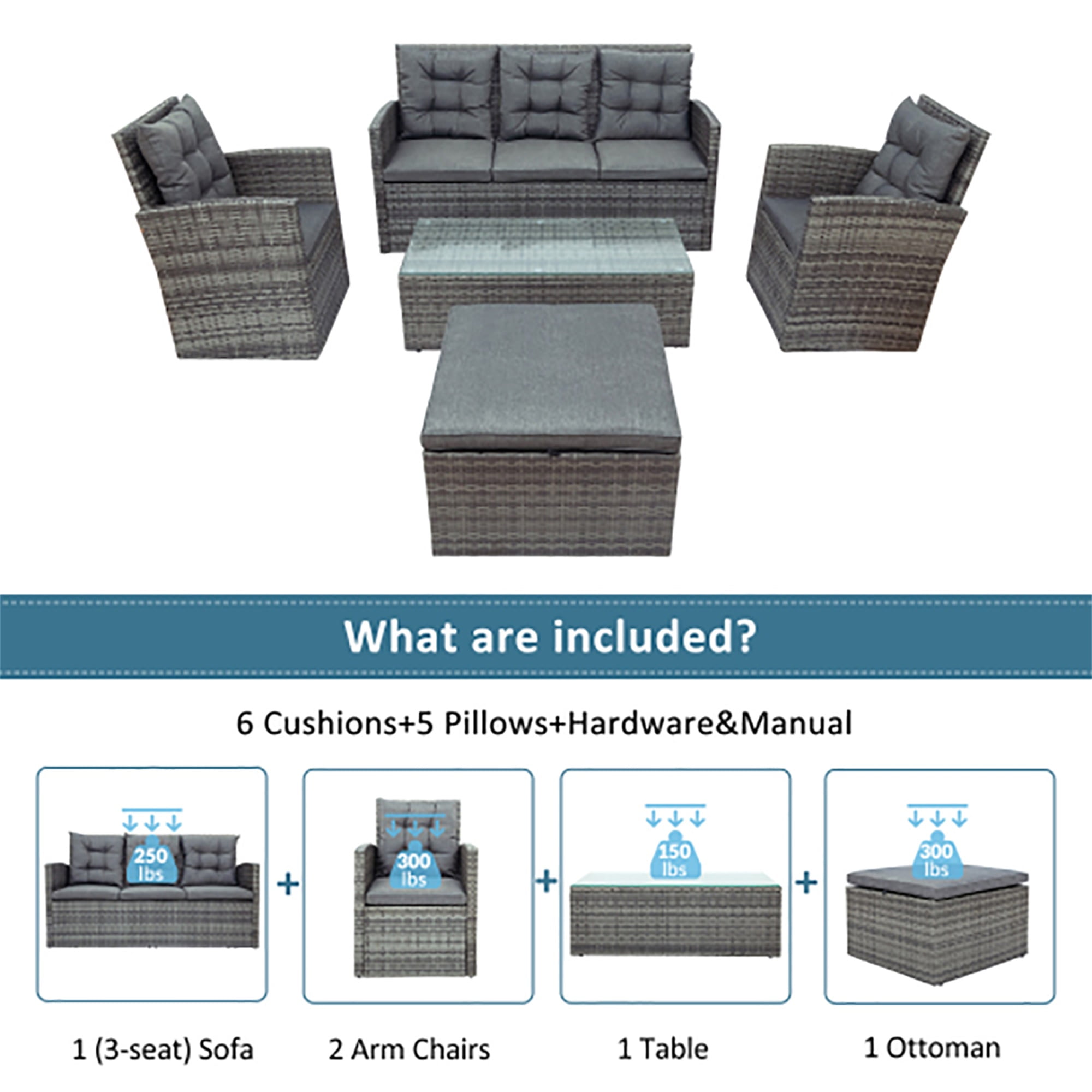 YYAo 7 Seating Outdoor Patio Furniture Sectional Sofa Set, All-Weather Couch with Glass Table, Ottomans for Backyard Porch Poolside with Storage Bench, Gray YYAo 7 Seating Outdoor Patio Furniture Sectional Sofa Set, All-Weather Couch with Glass Table, Ottomans for Backyard Porch Poolside with Storage Bench, Gray