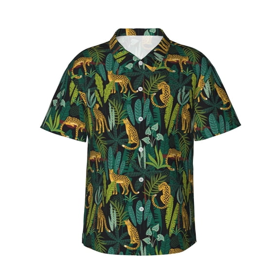 Xecao Jungle Leopard Yellow print Hawaiian shirt - a stylish short-sleeve button-down for men, perfect for casual beach and tropical outings.