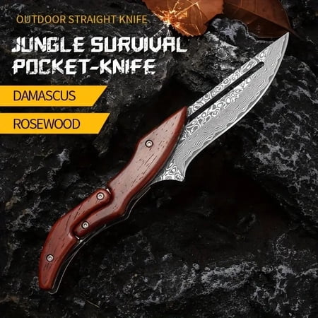 Damascus Deployable Folding Knife Outdoor Pocket Jungle Hunting Knife with Leather Sheath – Precision Machined Folding Knife Portable EDC Pocket Knife Suitable for Camping BBQ Fruit Peeling Knife