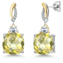 Gem Stone King 925 Silver and 10K Yellow Gold Yellow Lemon Quartz and Moissanite and White Lab Grown Diamond Dangle Earrings for Women | 13.91 Cttw | Gemstone Birthstone | Cushion Checkerboard 12MM