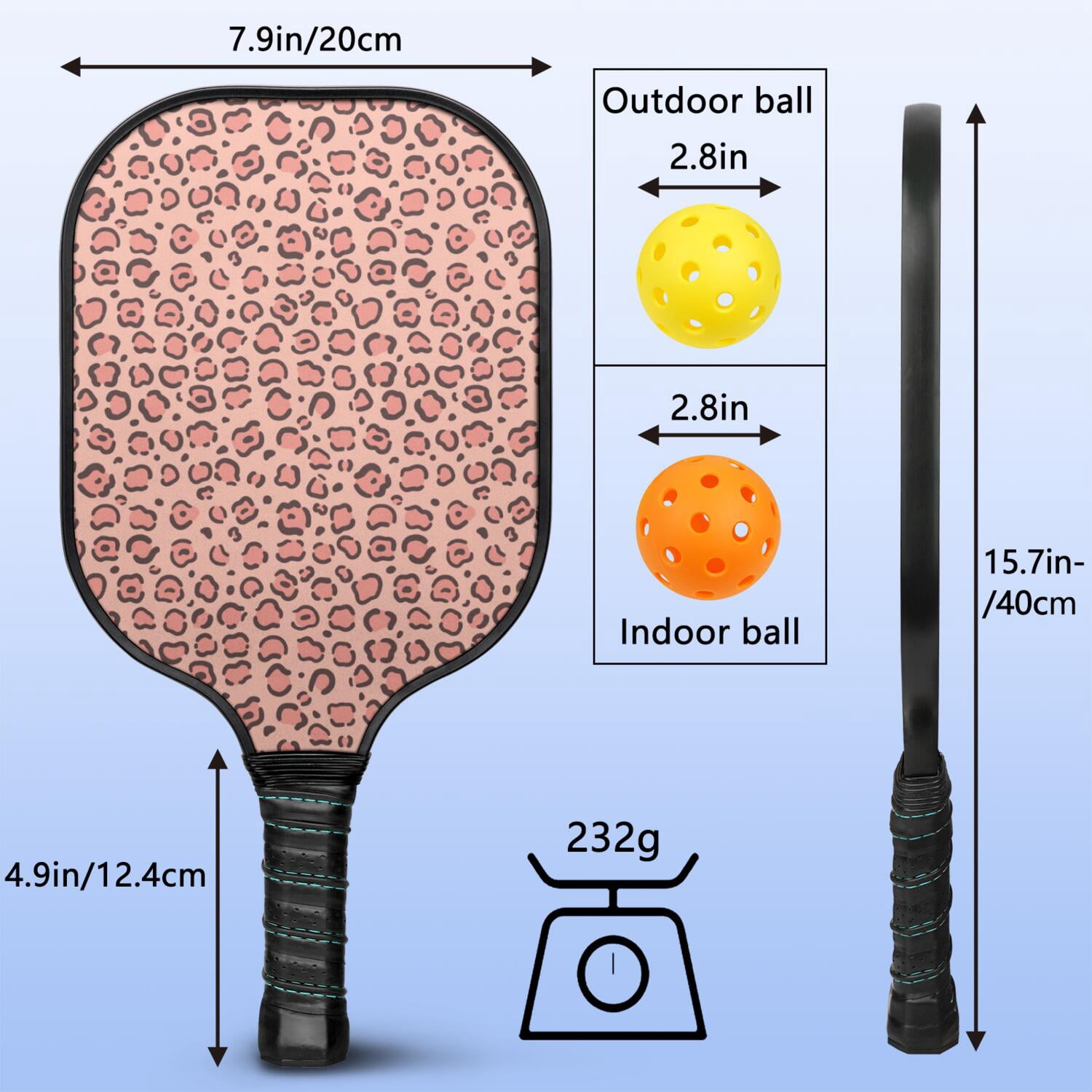 Pickleball Paddles Set Of 1, Fiberglass Surface, Animal, Leopard Print, 1 Paddle, 2 Balls & Bag