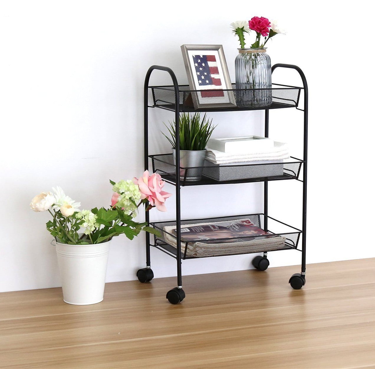 Zimtown 3Tier Metal Mesh Rolling Trolley,Storage Rack Organizer w