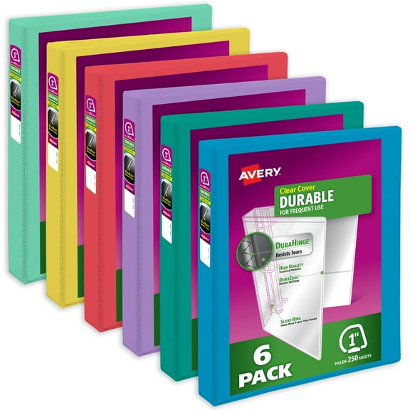 Avery Durable View 3 Ring Binders, 1 inch Slant Rings, 250-Sheet Capacity, DuraHinge, 1.4 inch Wide Spine, Customizable Clear Covers and Spine, Assorted Bright Colors (6-Pack of 05631)