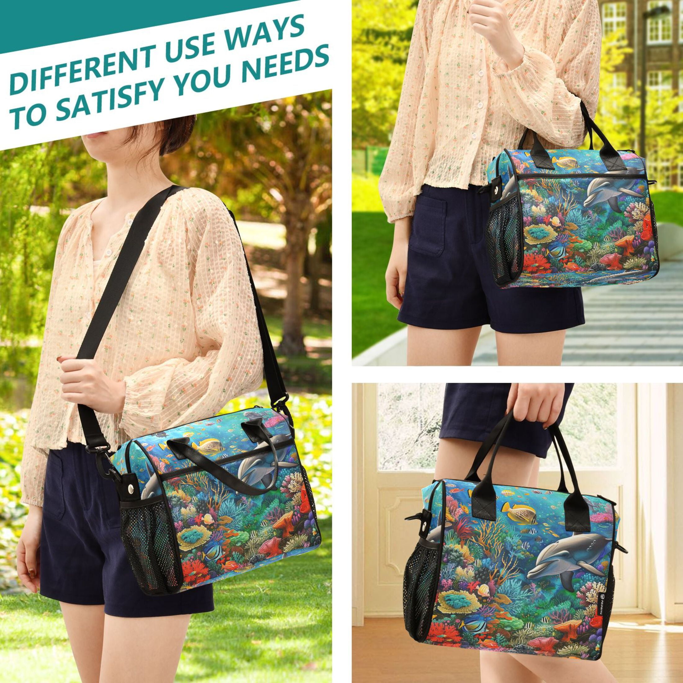 ALAZA Dolphin Fish Coral under Sea Insulated Lunch Bag Reusable Tote Box Adjustable Shoulder Strap for Work Picnic