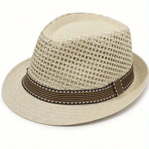 Men'S Retro Jazz Hat - Breathable Trilby Sun Cap And Outdoor Straw Fedora-Beige-One Size 58cm