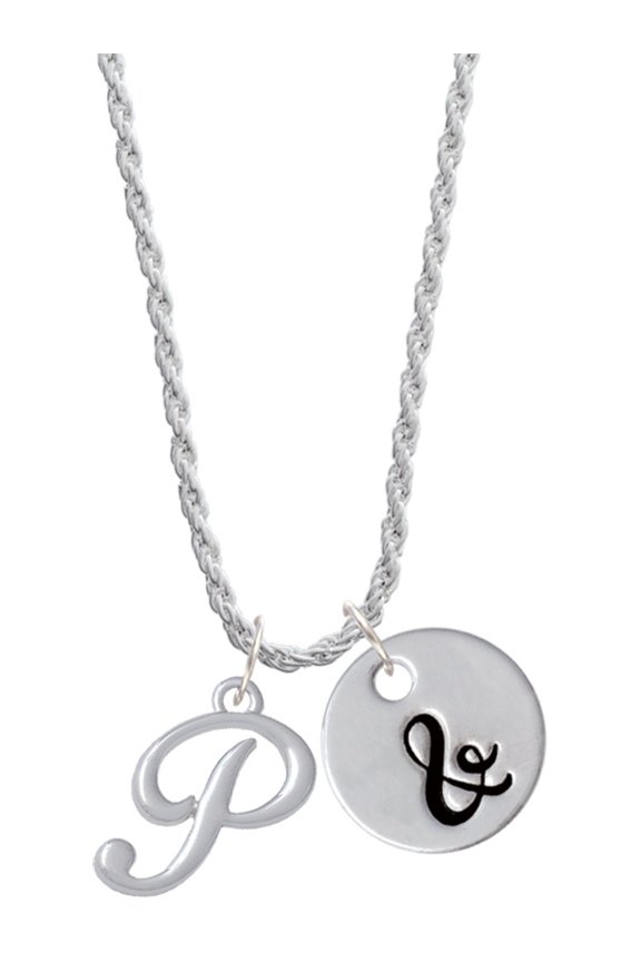 Silvertone Small Gelato Script Initial - P - Silvertone Script Initial Disc - & - Charm Necklace, 20"+3"