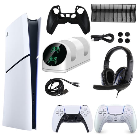 PS5 Slim Digital Console with Extra Chroma Pearl Dualsense Controller and Accessories Kit