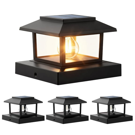 FKHouse Solar Post Cap Light Outdoor, 4 Pack with Tungsten Filament Bulb Deck Fence Cap Lights for 4x4 Wooden,Vinyl Posts, Warm White, Black